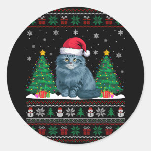 Adesivo Redondo Santa Hat Ragdoll Cat Árvore de Natal Luzes Feias