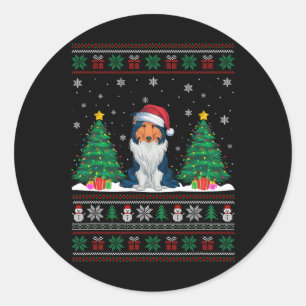 Adesivo Redondo Santa Hat Rough Collie Dog Xmas Tree Luzes Feias