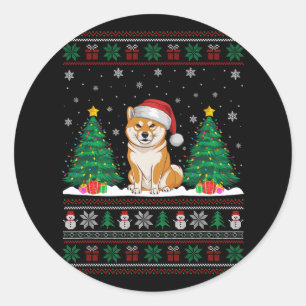 Adesivo Redondo Santa Hat Shiba Inu Cachorro Árvore de Natal Luzes