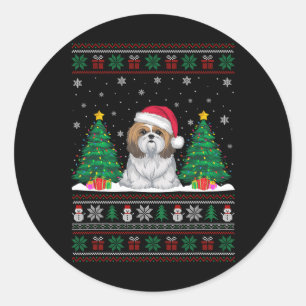 Adesivo Redondo Santa Hat Shih Tzu Dog Árvore de Natal Luzes Feias