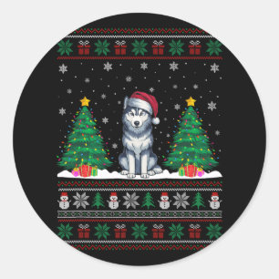 Adesivo Redondo Santa Hat Siberian Husky Dog Xmas Tree Luzes Feias