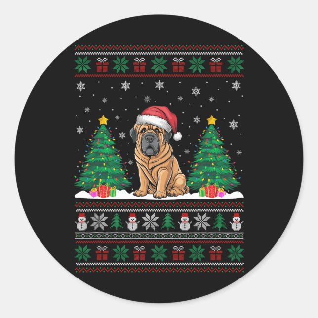 Adesivo Redondo Santa Hat Tibetan Mastiff Dog Xmas Tree Lights Ugl (Frente)