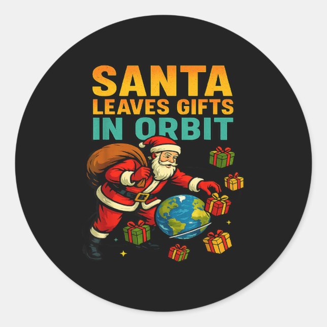 Adesivo Redondo Santa Leaves In Orbit Funny Xmas Space  (Frente)
