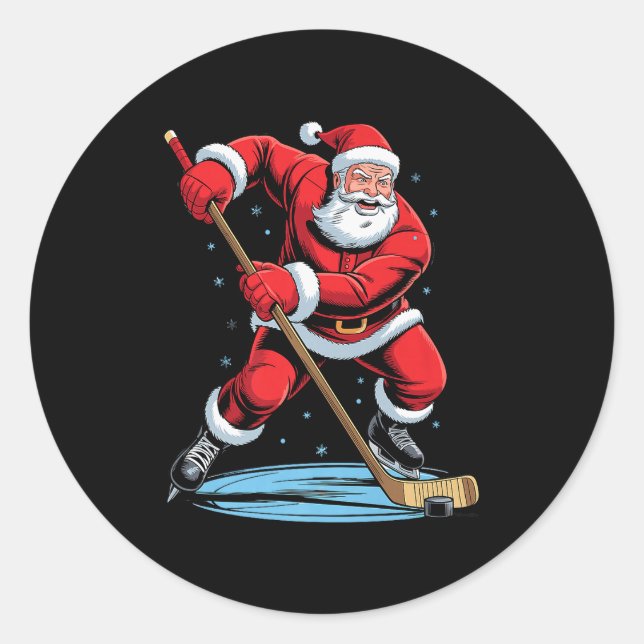 Adesivo Redondo Santa Playing Hockey Funny Holiday Christmas Xmas  (Frente)