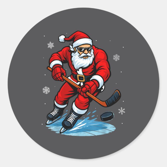 Adesivo Redondo Santa Playing Ice Hockey Xmas Funny Christmas Hock (Frente)