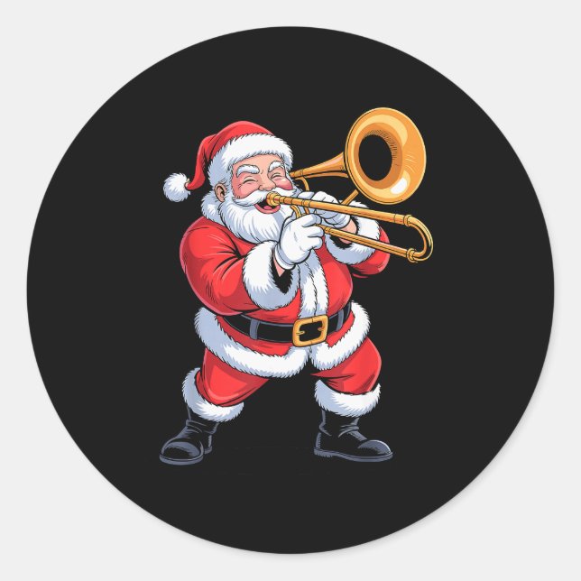 Adesivo Redondo Santa Playing Trombone Funny Holiday Chrismas Xmas (Frente)