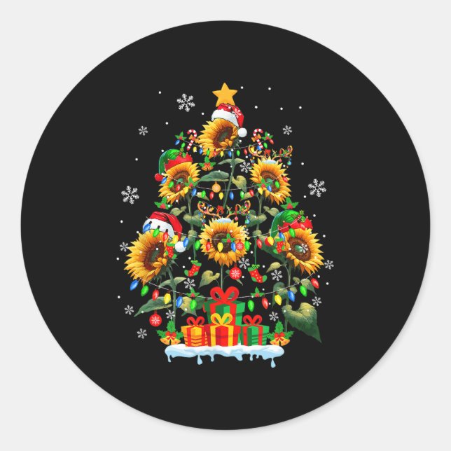 Adesivo Redondo Santa Reindeer Elf Sunflowers As Xmas Tree Flowers (Frente)