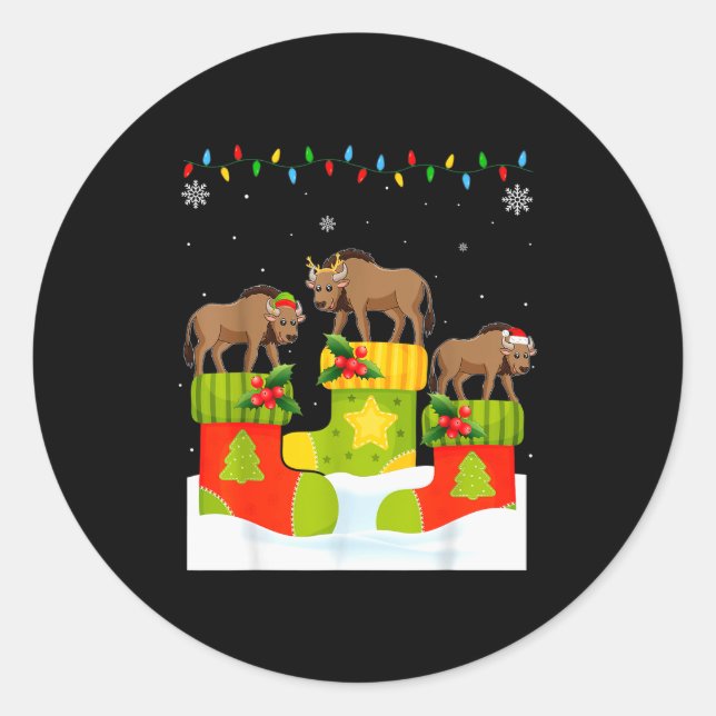 Adesivo Redondo Santa Reindeer Elf Wildebeest In Christmas Socks U (Frente)