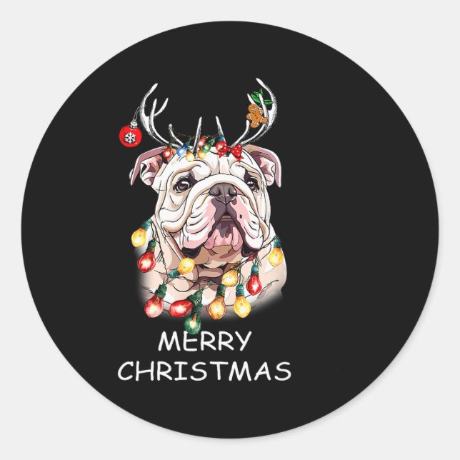 Adesivo Redondo Santa Reindeer English Bulldog Dog Christmas Light (Frente)