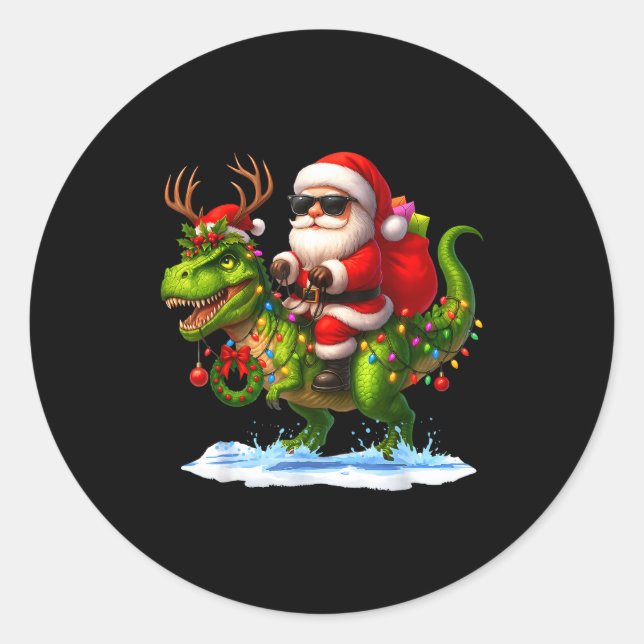 Adesivo Redondo Santa Riding Dinosaur T Rex Christmas Boys Men Xma (Frente)