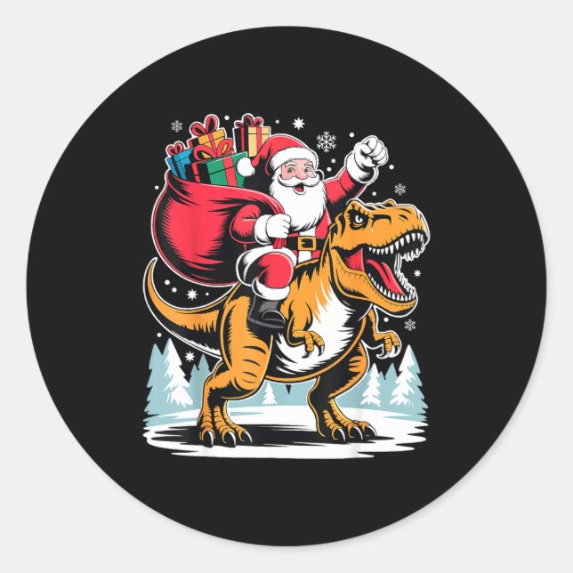 Adesivo Redondo Santa Riding Dinosaur T Rex Christmas Boys Xmas  (Frente)