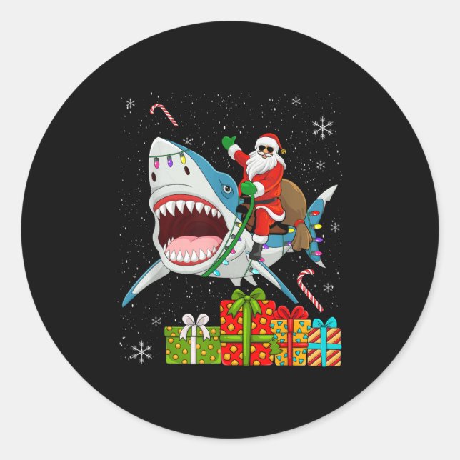 Adesivo Redondo Santa Riding Shark Christmas Pajama Cute Ocean Ani (Frente)