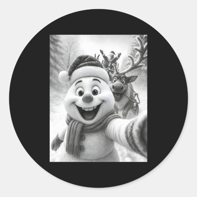 Adesivo Redondo Santa Snowman Reindeer Taking A Selfie Photo Chris (Frente)
