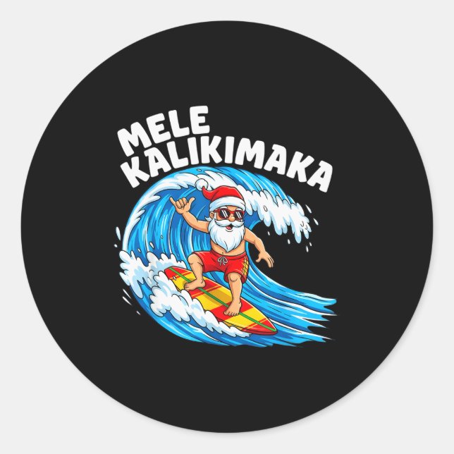 Adesivo Redondo Santa Surfing Mele Kalikimaka Hawaiian Christmas  (Frente)