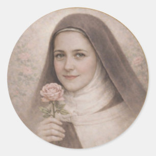 Adesivo Redondo Santa Teresinha de Lisieux segurando rosa rosa