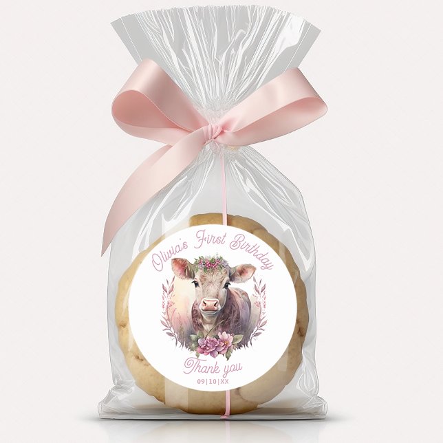 Adesivo Redondo Santa Vaca Primeiro Aniversário Obrigado Sticker (Criador carregado)