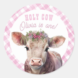 Adesivo Redondo Santa Vaca, sou um Pink Gingham Party Sticker
