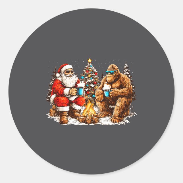 Adesivo Redondo Santa With Bigfoot Christmas Campfire Funny Sasqua (Frente)