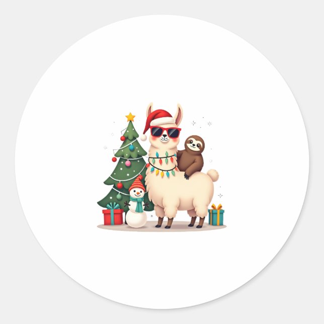 Adesivo Redondo Santa Xmas Funny Llama Sloth Christmas (2) (Frente)