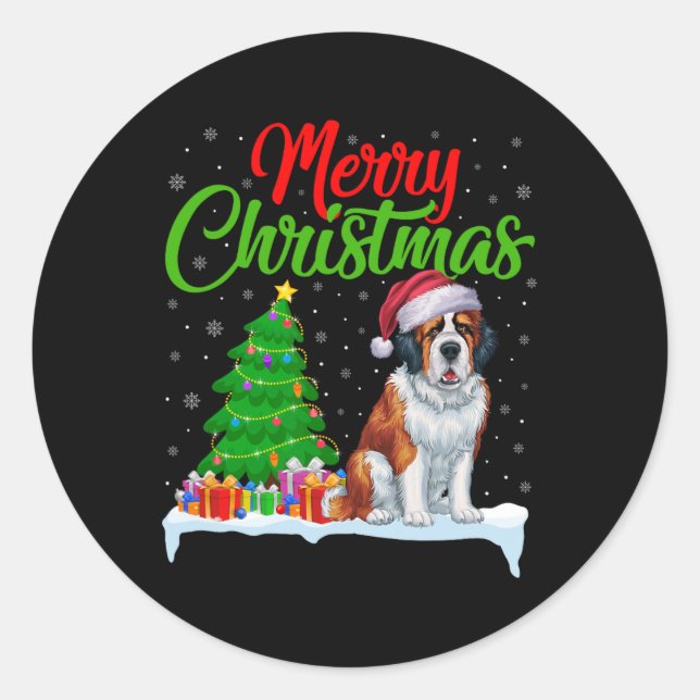 Adesivo Redondo Santo Bernard Dog Árvore de Natal Luz Engraçado Xm (Frente)