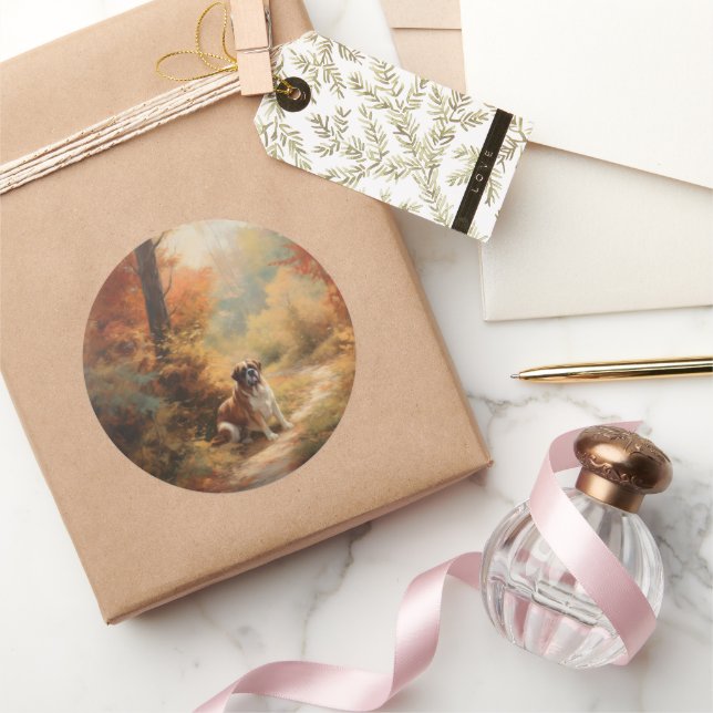 Adesivo Redondo Santo Bernard no outono deixa cair inspiração (Presentear)