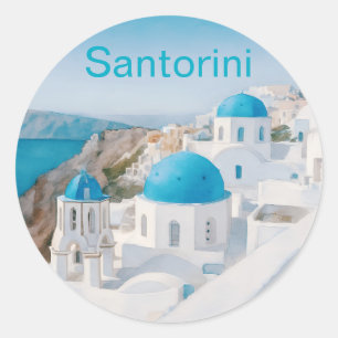 Adesivo Redondo Santorini, Grécia, com icônicas cúpulas azuis