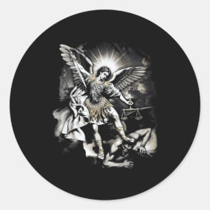 Adesivo Redondo São Miguel Derrotando Satanás Arcanjo Guerreiro