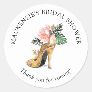 Adesivo Redondo Sapatilha de Salto Alto Dourada Floral Obrigada Ch