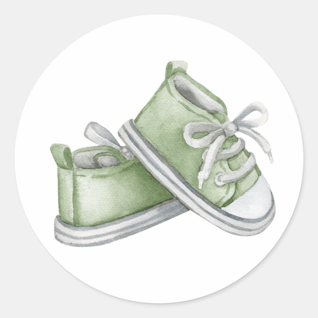 Adesivo Redondo Sapatos de Bebê Aquarela Verde Chá de Bebê (Frente)