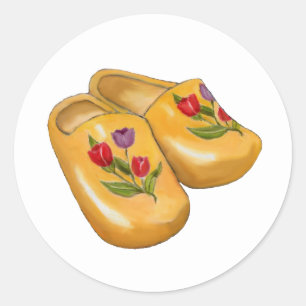 Adesivo Redondo Sapatos de Madeira Holandeses com Tulipas, Klompen