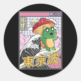 Adesivo Redondo Sapo Com Cogumelo Surfando Onda Japonesa Kawaii Co