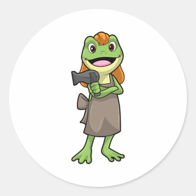 Adesivo Redondo Sapo como cabeleireiro com secador de cabelo (Frente)