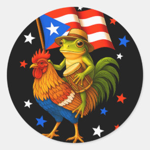 Adesivo Redondo Sapo Coqui Montado em Galinha e Tambor Bandeira Bo