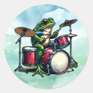Adesivo Redondo Sapo de Cartoon Engraçado Tocando Tambores