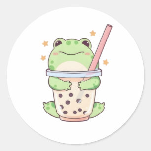 Adesivo Redondo Sapo Kawaii Chibi Abraçando Xícara de Bubble Tea