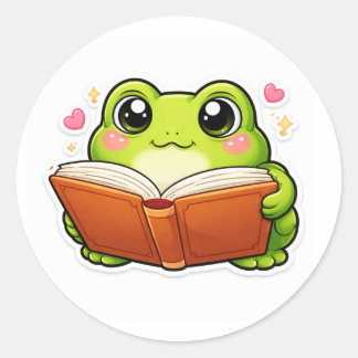 Adesivo Redondo Sapo Lendo Um Livro