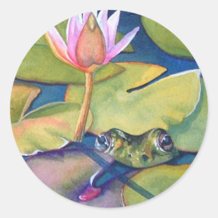 Adesivo Redondo Sapo Leopardo Lily Pads Lotus Flower Watercolor Ar