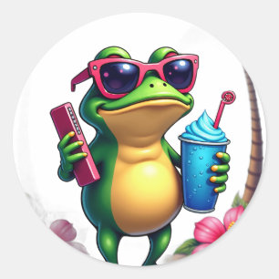 Adesivo Redondo Sapo Mal-Humorado Vaporwave Y2K Retro Estilo Estét