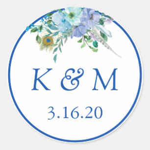 Adesivo Redondo Sapphire Blue Floral Monogramas, Favor de Casament