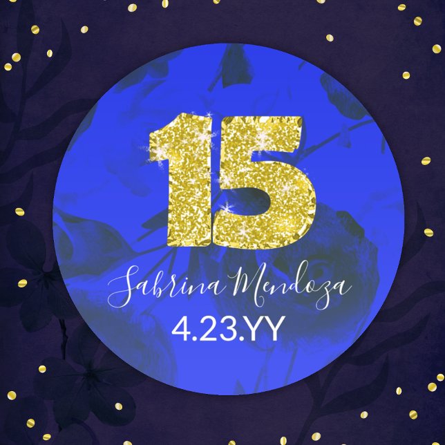 Adesivo Redondo Sapphire Blue Quinceanera Dourado #15 Round Sticke (royal blue quinceanera sticker with gold, glitter number 15, mis quince anos, personalized label)