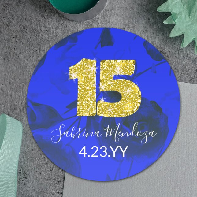 Adesivo Redondo Sapphire Blue Quinceanera Dourado #15 Round Sticke (Royal blue and gold quinceanera number 15 fifteen 15th stickers for party favors envelopes)
