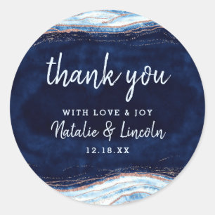 Adesivo Redondo Sapphire Blue Rosa Dourado Geode Casamento Obrigad