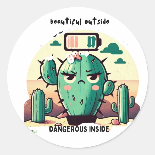 Adesivo Redondo Sarcastic Cactus with Low Battery (Frente)