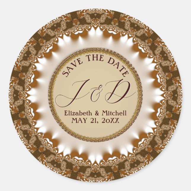 Adesivo Redondo Satinado Terra Renda Monograma Save the Date (Frente)