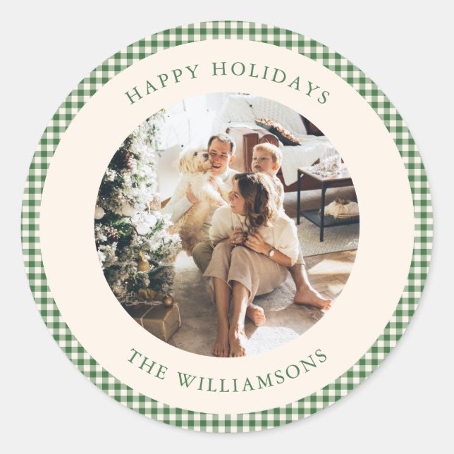 Adesivo Redondo Saudação Personalizada da Xadrez Gingham Verde (Frente)