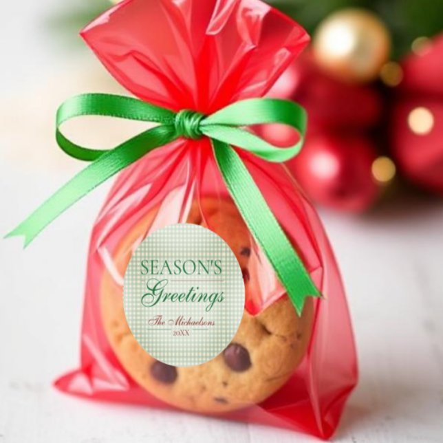 Adesivo Redondo Saudações da temporada Gingham Natal (Criador carregado)