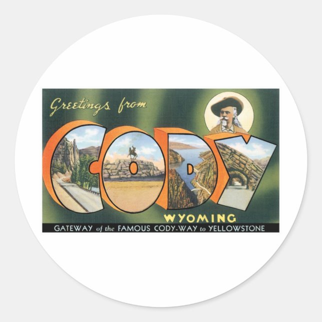 Adesivo Redondo Saudações de Cody, Wyoming (Frente)