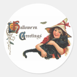 Adesivo Redondo Saudações de Halloween Vintage, Bruxa Infantil com