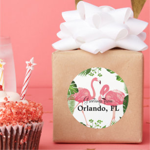 Adesivo Redondo Saudações de Orlando, Flórida, Flamingos Rosa,