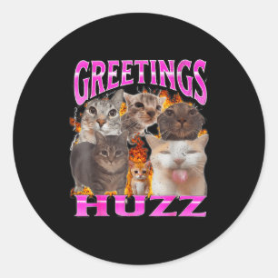 Adesivo Redondo Saudações Huzz Meme de Gato Engraçado Camiseta Grá
